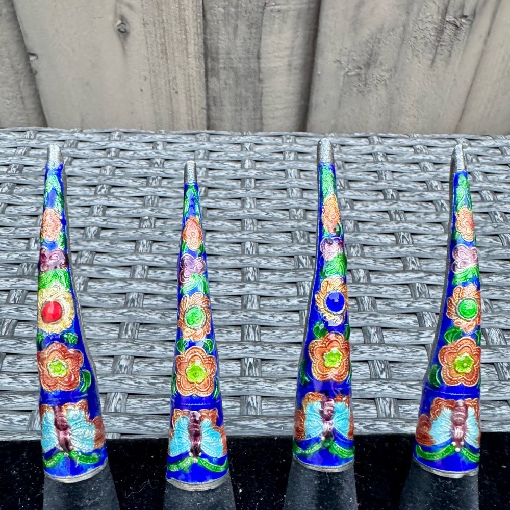 Antique Chinese Floral Cloisonné Nail Guards